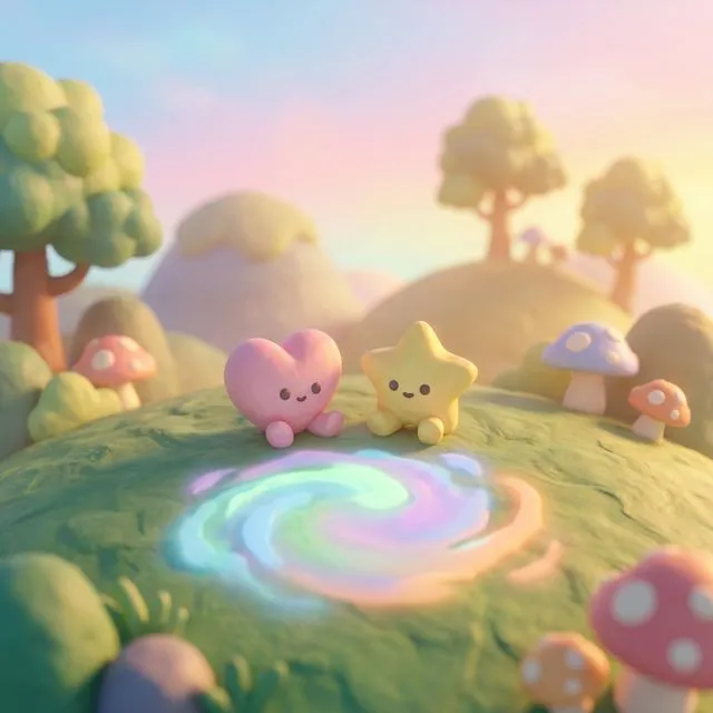 무지갯빛 오라가 감도는 귀여운 하트 캐릭터