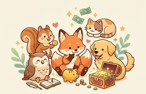 다양한 동물 캐릭터로 보는 소비 성향 및 자산 관리 분석 일러스트