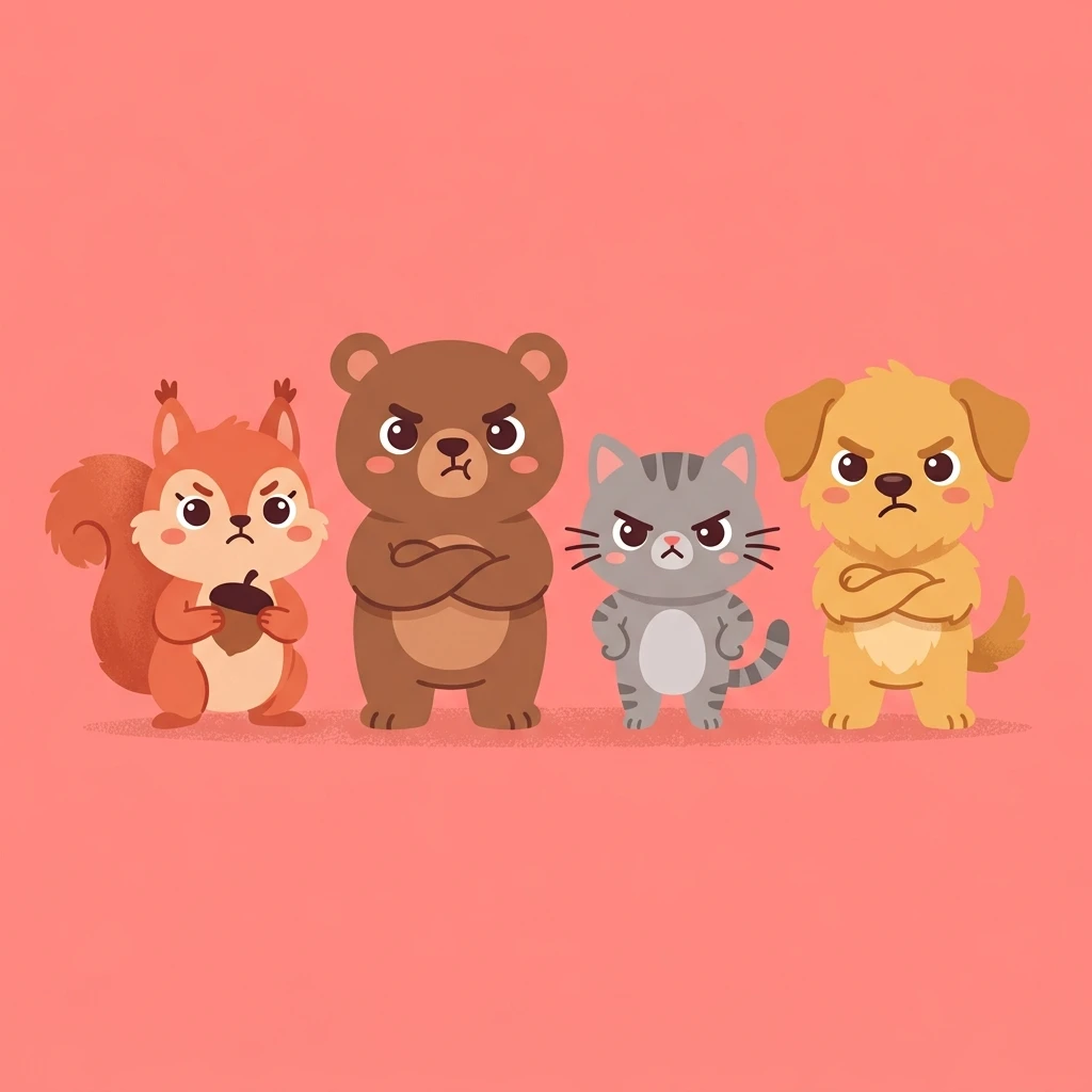 다람쥐, 곰, 고양이, 강아지가 화났을 때 보이는 각기 다른 동물 본능 반응 일러스트