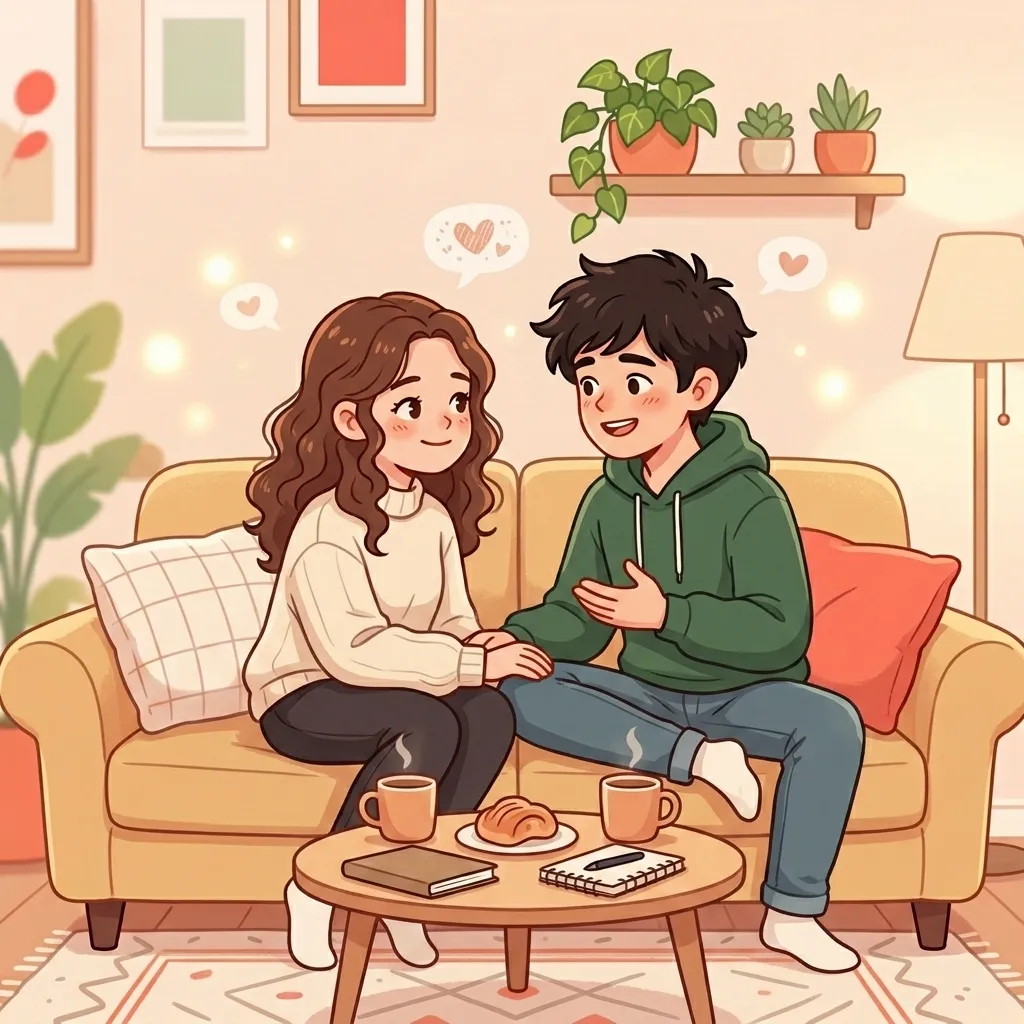 연애 대화를 나누는 따뜻하고 감성적인 남녀 일러스트