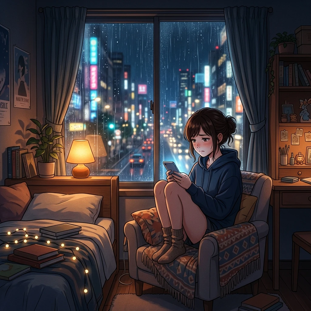 비 오는 창가에서 스마트폰 결제창을 보며 무력감과 함께 둠스크롤링을 하는 사회초년생의 모습 (아니메 스타일 일러스트)