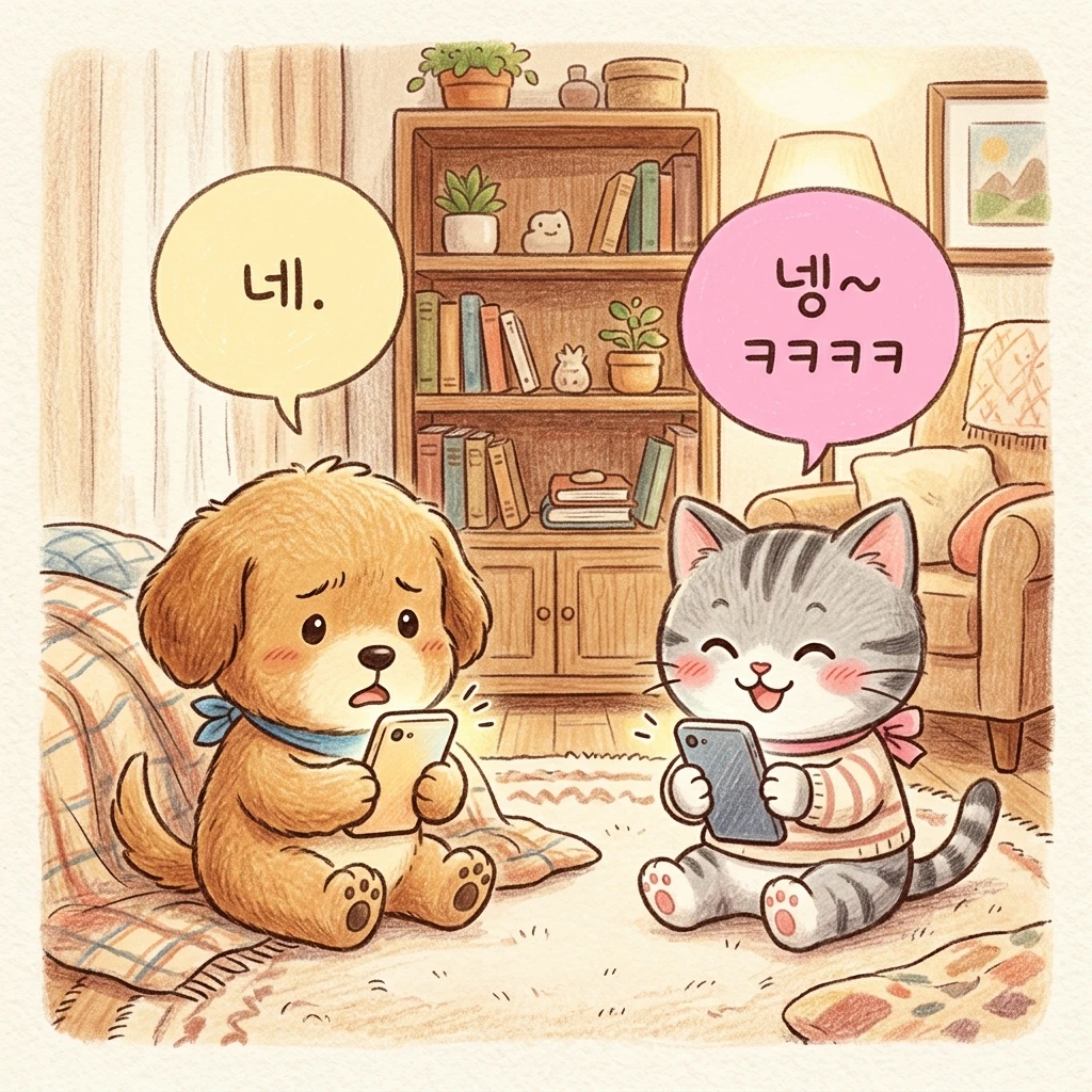 메신저 대화창 이미지와 대화 뉘앙스 오해를 형상화한 일러스트