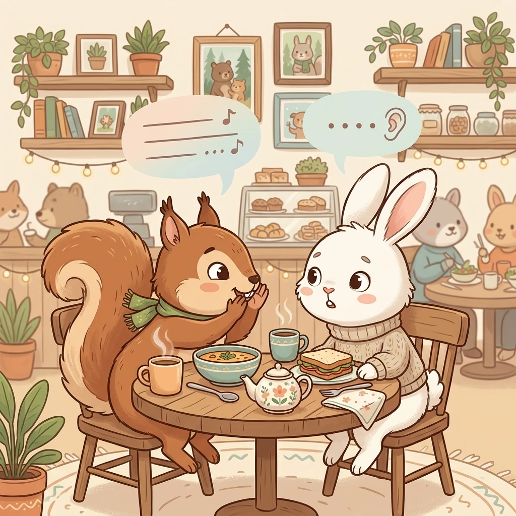 점심 식탁에 마주 앉아 속닥거리며 이야기하는 다람쥐와 귀를 쫑긋 세우고 듣는 토끼 캐릭터 일러스트