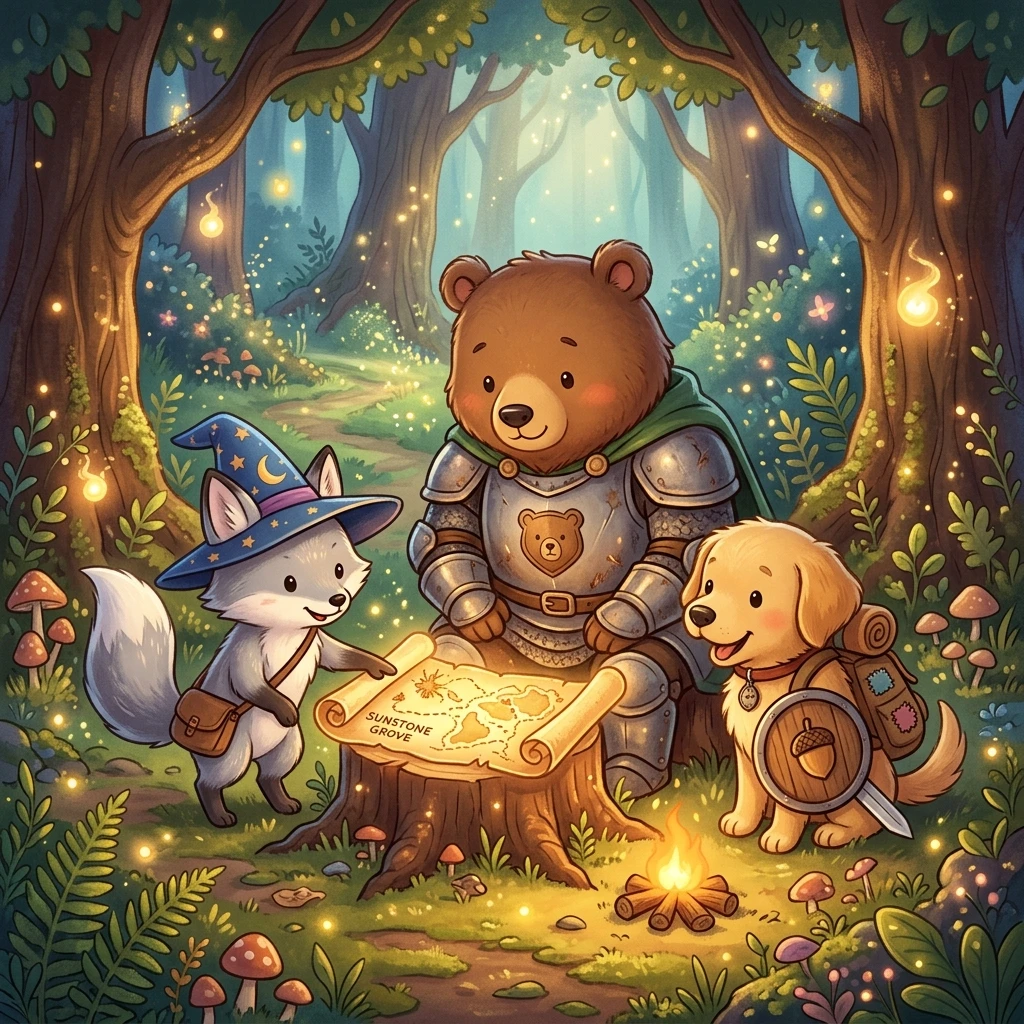 여우, 곰, 강아지 캐릭터가 RPG 모험가 복장으로 마법 숲속에서 지도를 들여다보는 아기자기한 일러스트