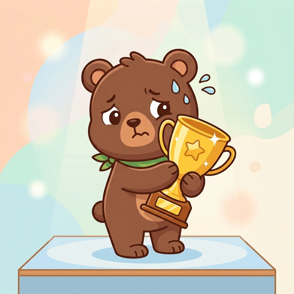 금 트로피를 들고 있지만 불안해서 땀을 흘리는 귀여운 🐻 곰 일러스트