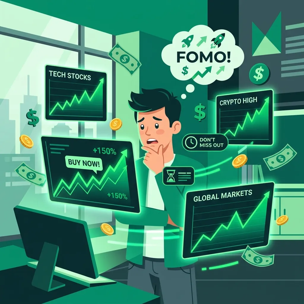 불안한 표정으로 우상향하는 주식 차트와 코인 차트를 쳐다보는 투자자 일러스트. 수많은 상승 화면들 속에서 나만 기회를 놓친 듯한 조급함을 녹색 톤으로 전문적이고 트렌디하게 표현함.