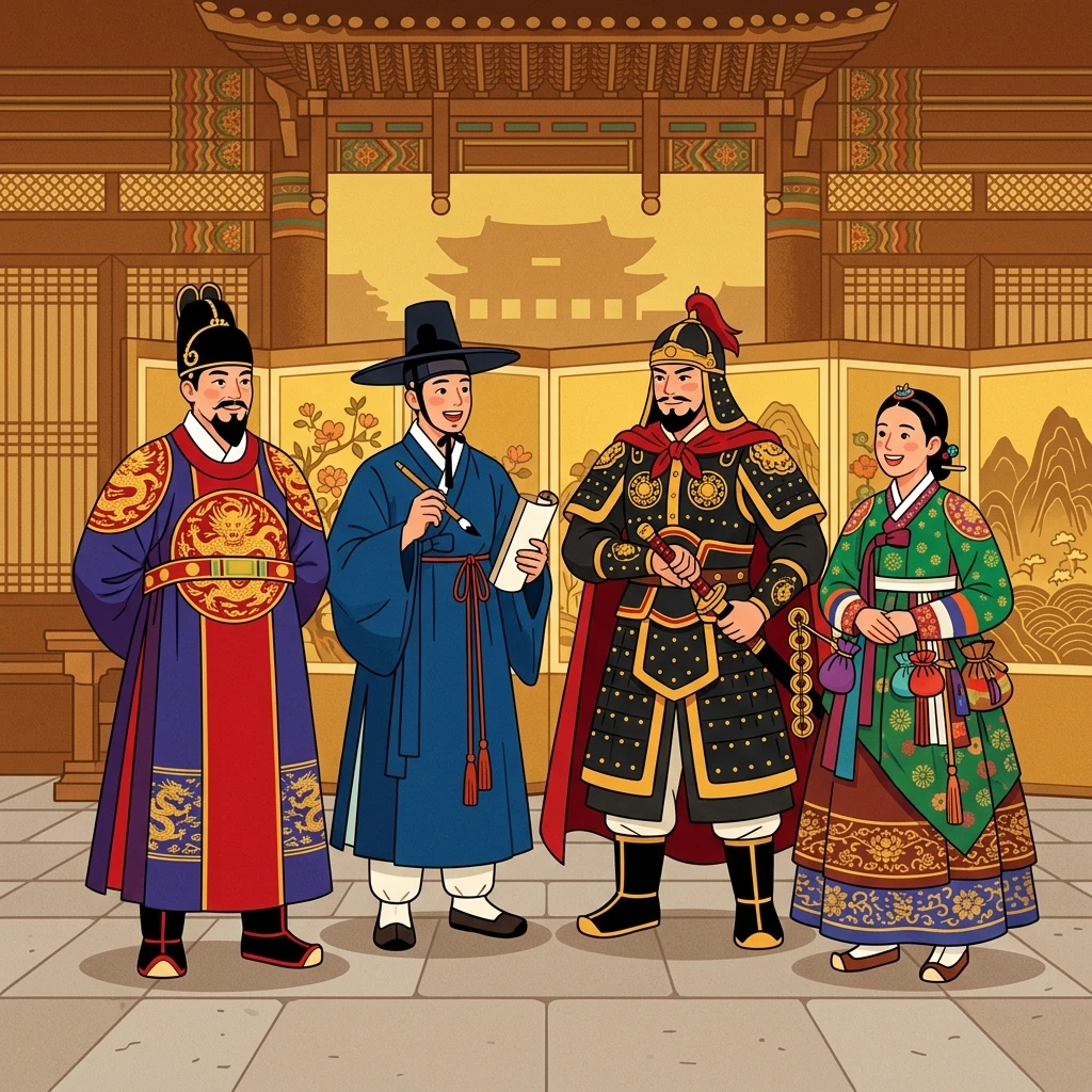 조선시대 왕, 선비, 장군 등 다양한 캐릭터들이 모여있는 일러스트