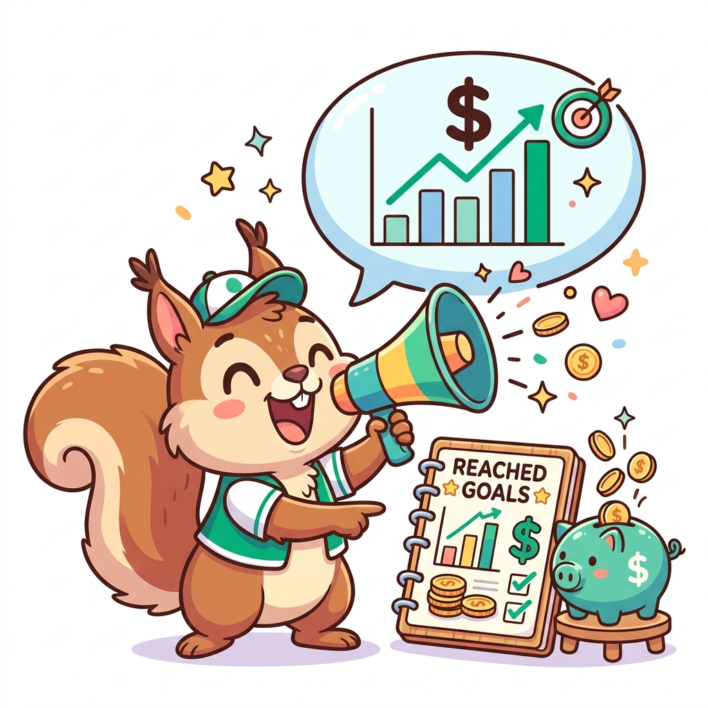메가폰으로 자신의 저축 목표와 성과를 당당하게 외치는 귀여운 다람쥐 캐릭터 일러스트 (라우드 버젯팅 컨셉)