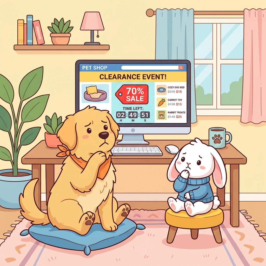 화면에 뜨는 70% 세일 문구와 마감 타이머를 앞에 두고 지갑을 열지 말지 고민하고 있는 귀여운 강아지와 토끼 일러스트