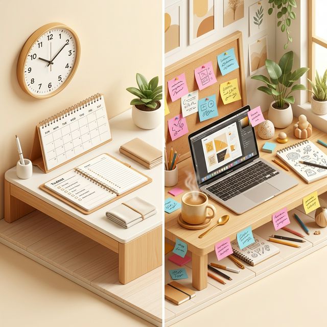 P와 J의 대조적인 책상 풍경을 담은 3D 일러스트