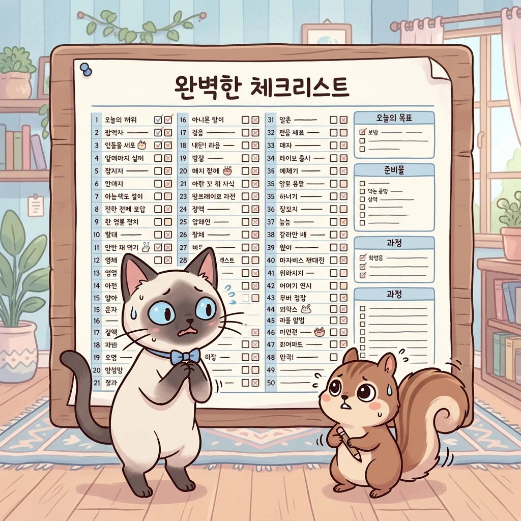 완벽한 체크리스트 앞에서 긴장한 샴고양이와 다람쥐 캐릭터 일러스트