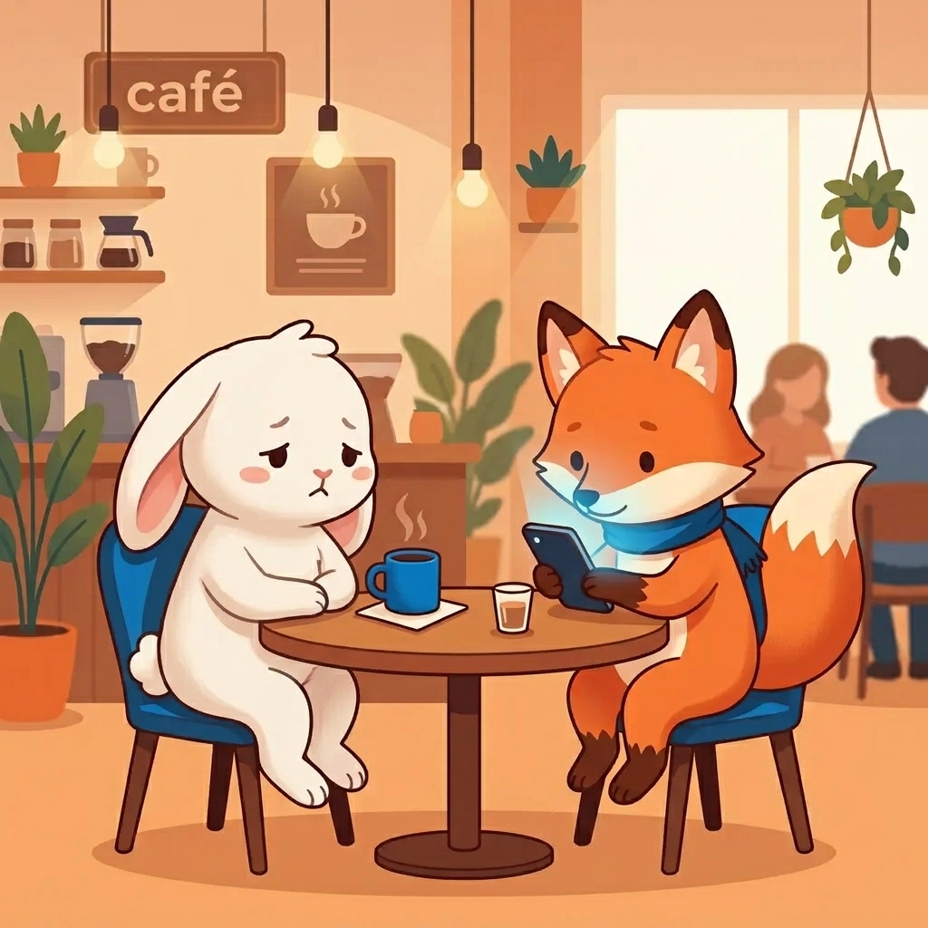 카페에서 스마트폰만 바라보는 여우 캐릭터와 소외감을 느끼는 토끼 캐릭터의 일러스트, 스마트폰 사용으로 인한 퍼빙과 소외감을 묘사