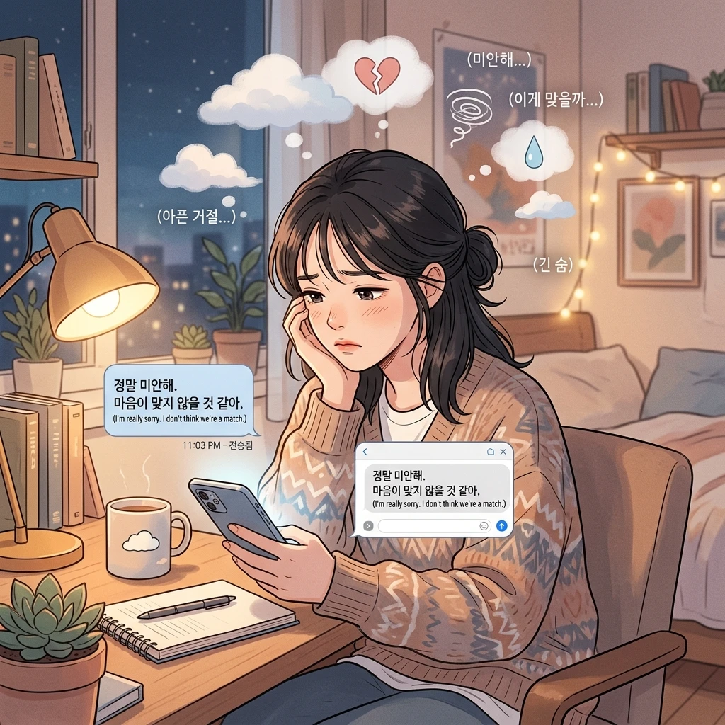 거절 메시지를 보낸 후 스마트폰을 보며 생각의 소용돌이에 휩싸인 사람의 일러스트