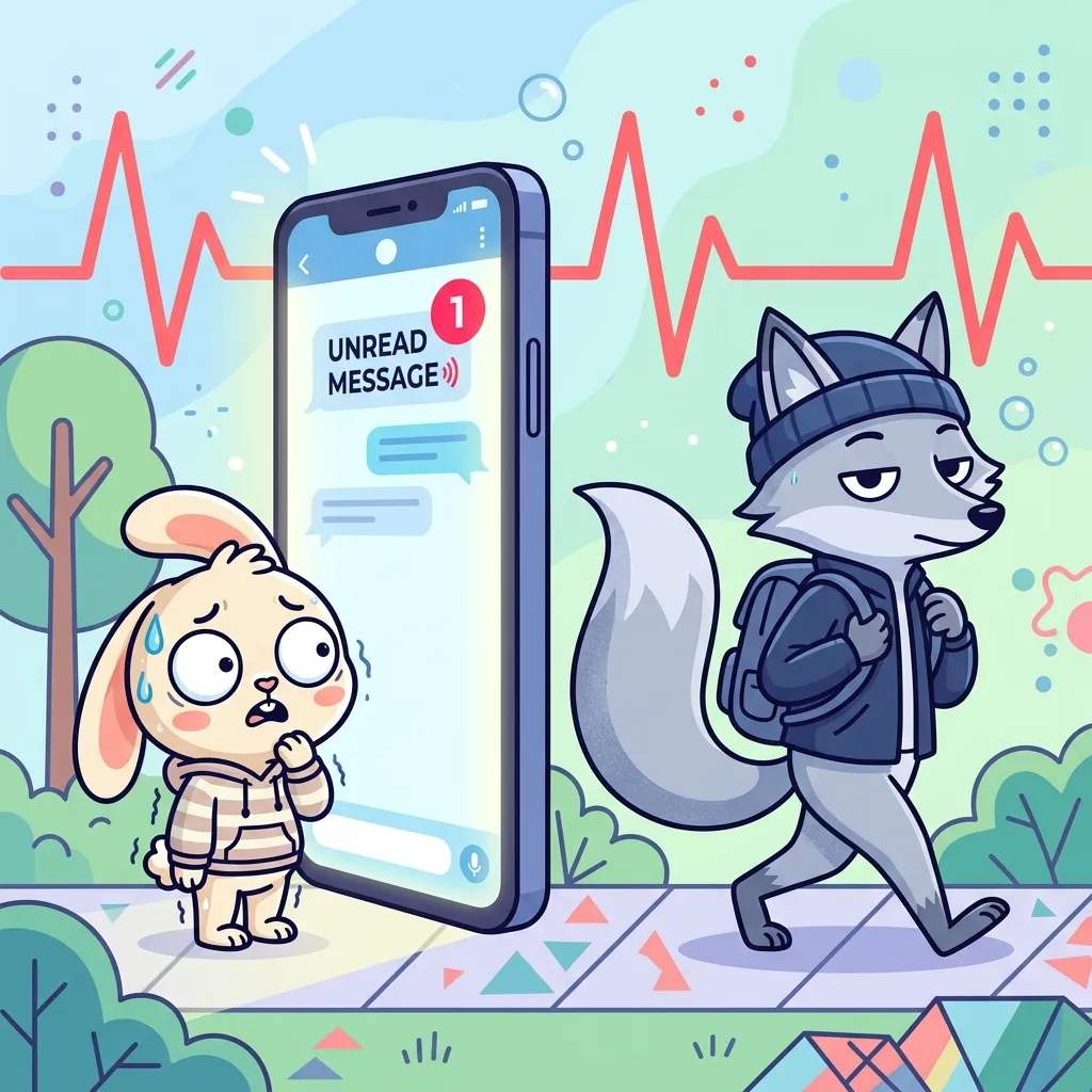 메시지 답장이 없는 스마트폰을 초조하게 바라보는 토끼와, 평온하게 자신의 길을 가는 쿨한 실버폭스