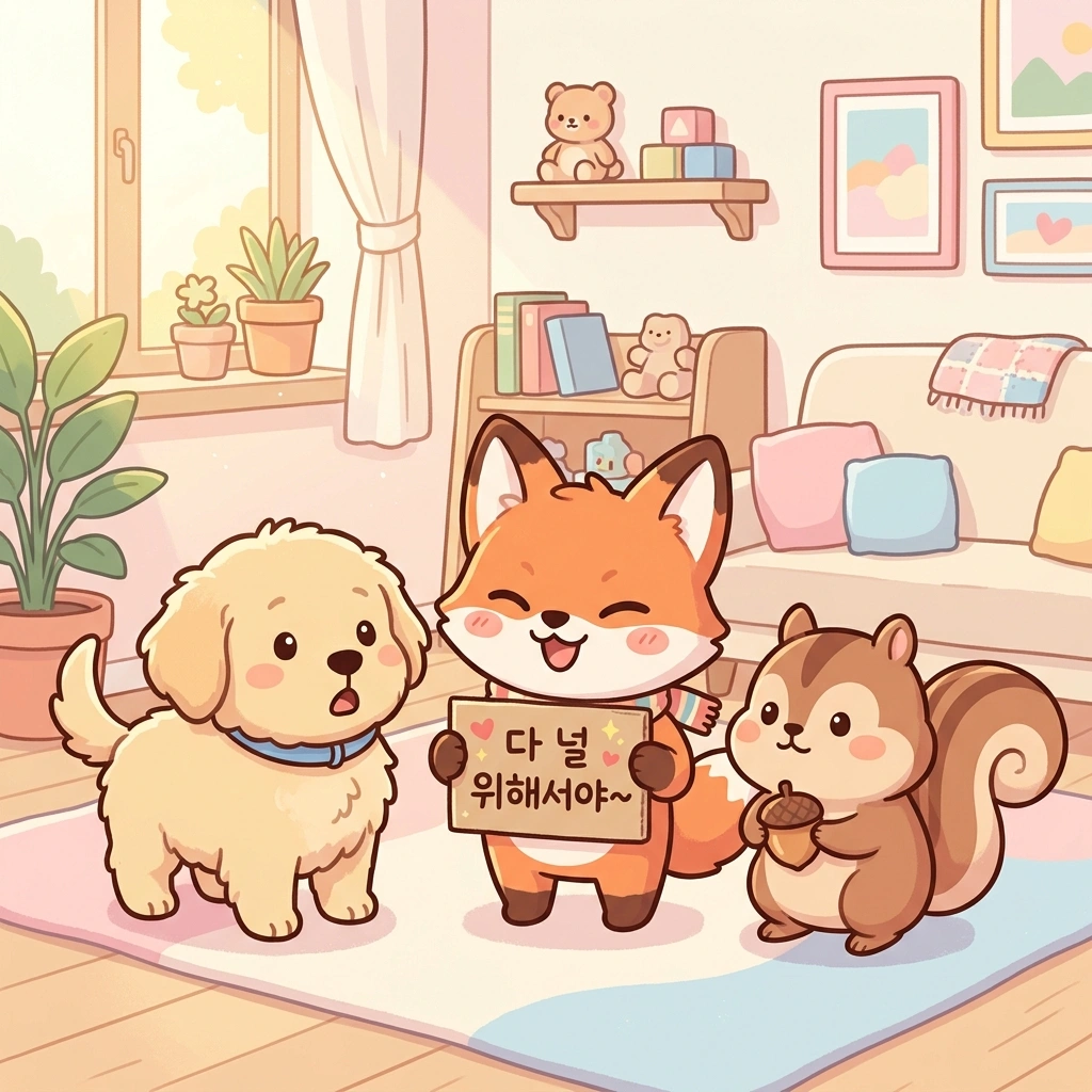 아기 여우 캐릭터가 '다 널 위해서야~'라고 적힌 판을 들고 활짝 웃고 있으며, 아기 리트리버와 도토리를 든 아기 다람쥐 캐릭터가 어리둥절하게 바라보고 있는 귀여운 파스텔톤 일러스트