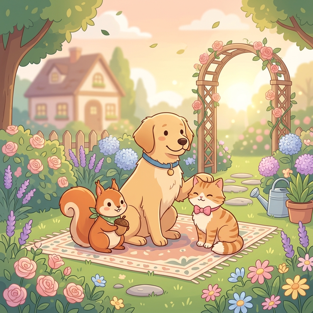 다람쥐, 리트리버, 고양이 캐릭터가 정원에서 평화롭게 쉬고 있는 귀여운 일러스트